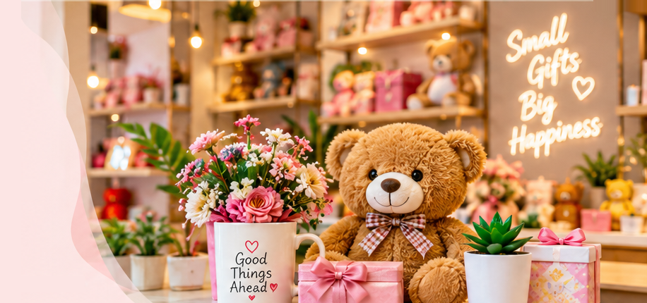 Aura Gifts cozy shop display with teddy bear, gift hampers, mugs and flowers